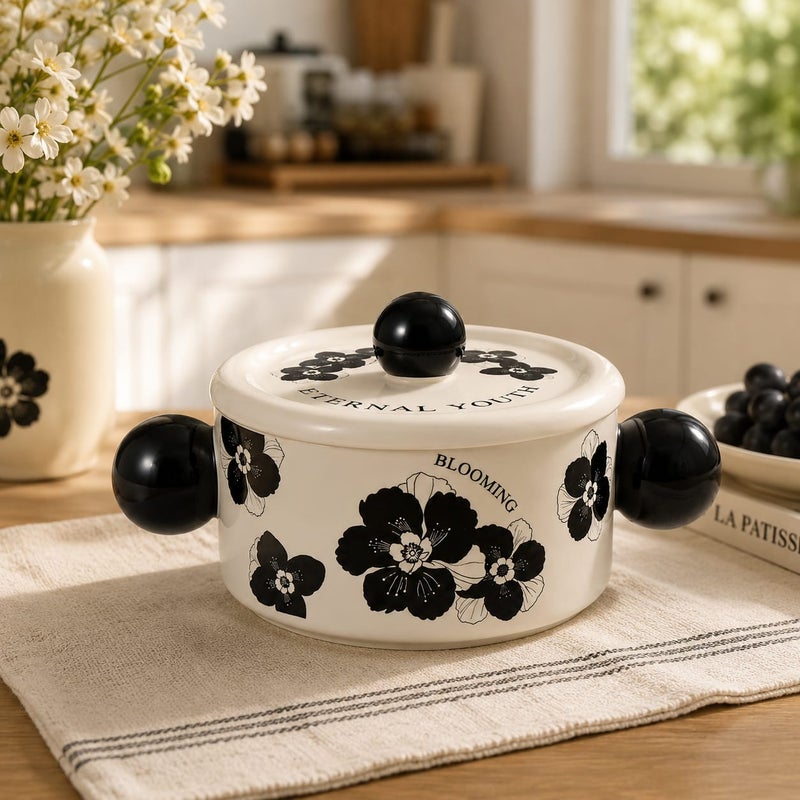 Ceramic soup serving bowl with lid, white and black, 8 x 15.5