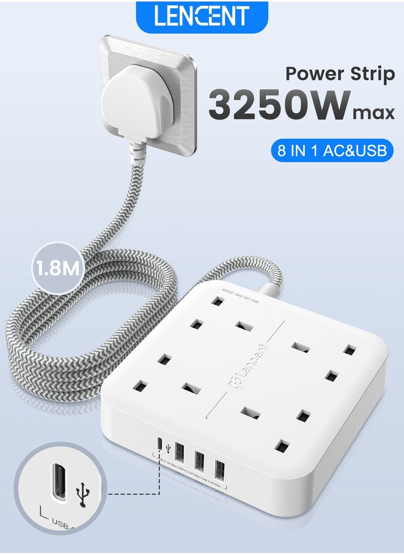 لينسينت وصلة تمديد LENCENT مع منفذ USB C ، 3250 واط 13 أمبير ، 4 منافذ توصيل الطاقة مع 1 USB-C و 3 فتحات USB ، تمديد قابس طاقة متعدد مع سلك تمديد مضفر 1.8 متر للمنزل والمكتب ، أبيض  - Image 1
