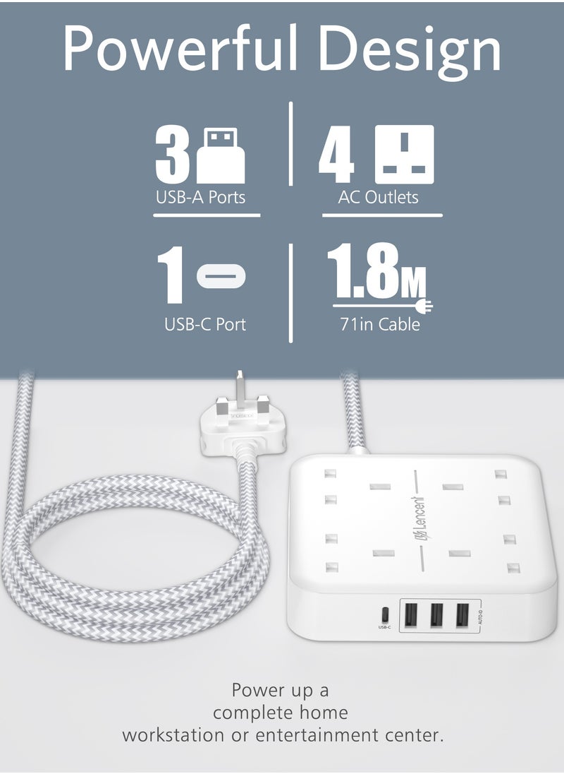 لينسينت وصلة تمديد LENCENT مع منفذ USB C ، 3250 واط 13 أمبير ، 4 منافذ توصيل الطاقة مع 1 USB-C و 3 فتحات USB ، تمديد قابس طاقة متعدد مع سلك تمديد مضفر 1.8 متر للمنزل والمكتب ، أبيض  - Image 3