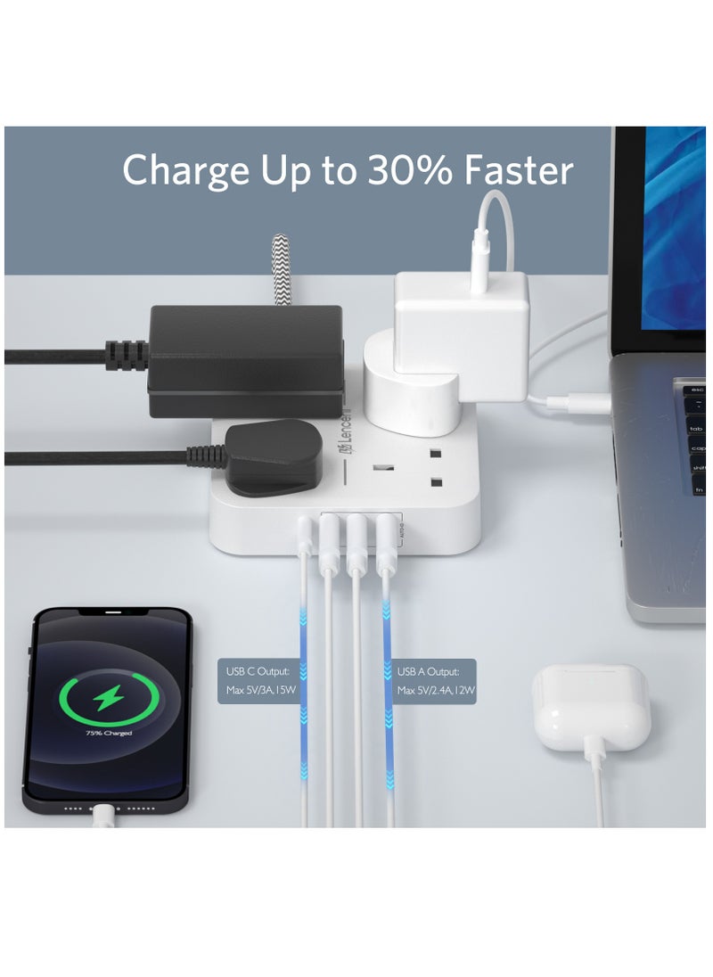 لينسينت - وصلة تمديد LENCENT مع منفذ USB C ، 3250 واط 13 أمبير ، 4 منافذ توصيل الطاقة مع 1 USB-C و 3 فتحات USB ، تمديد قابس طاقة متعدد مع سلك تمديد مضفر 1.8 متر للمنزل والمكتب ، أبيض - Image 1