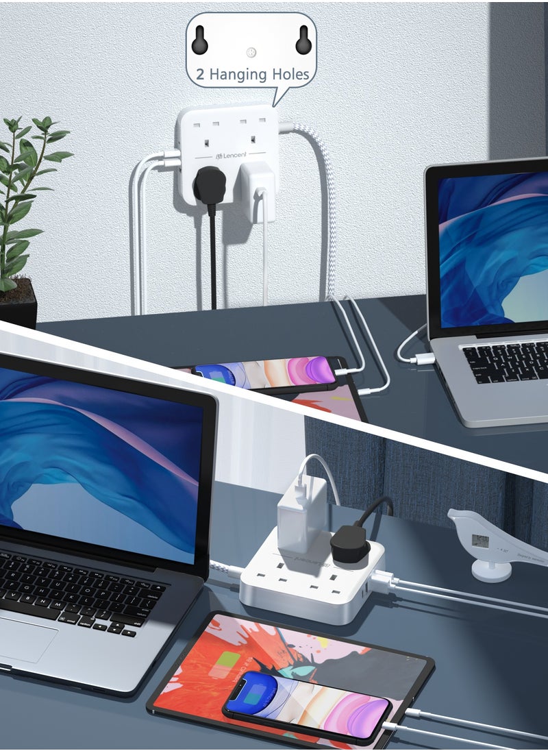 لينسينت - وصلة تمديد LENCENT مع منفذ USB C ، 3250 واط 13 أمبير ، 4 منافذ توصيل الطاقة مع 1 USB-C و 3 فتحات USB ، تمديد قابس طاقة متعدد مع سلك تمديد مضفر 1.8 متر للمنزل والمكتب ، أبيض - Image 1