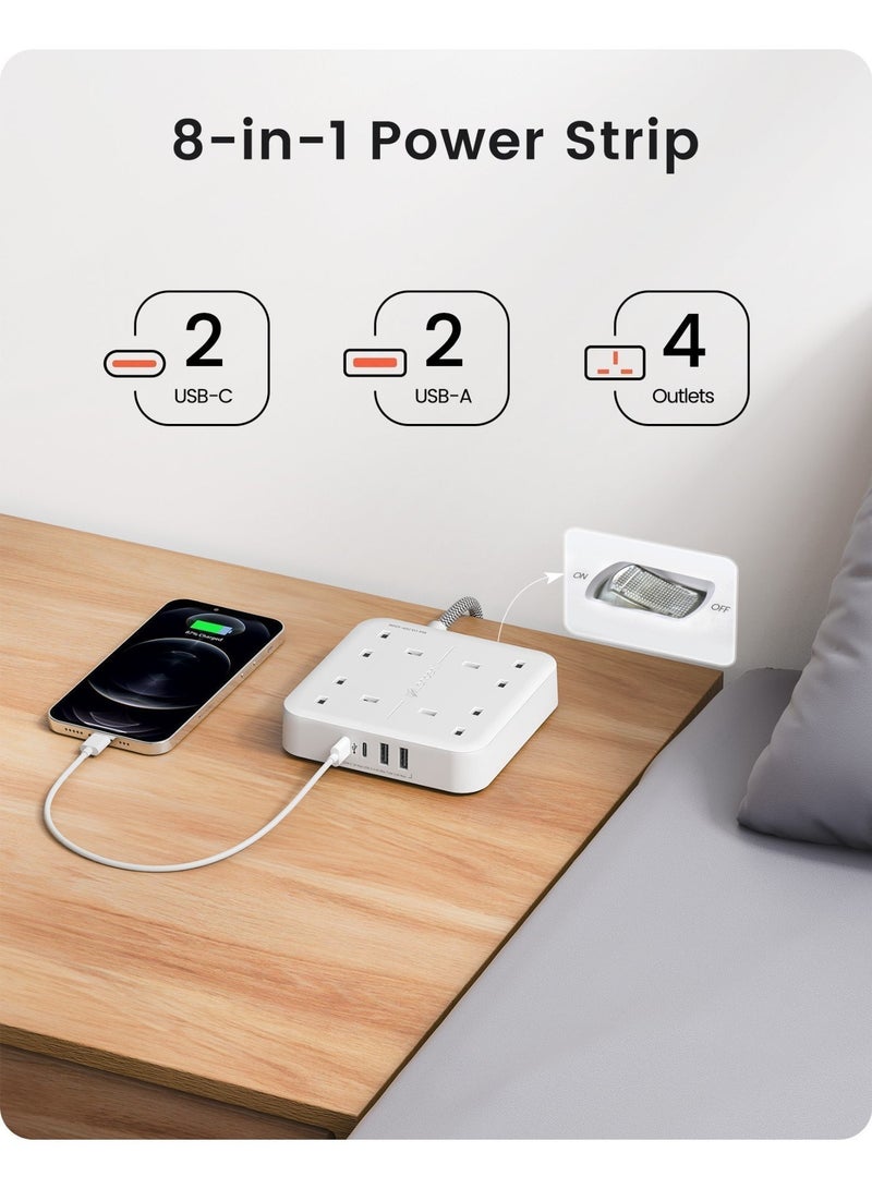 لينسينت وصلة تمديد LENCENT مع منفذ USB C ، 3250 واط 13 أمبير ، 4 منافذ توصيل الطاقة مع 1 USB-C و 3 فتحات USB ، تمديد قابس طاقة متعدد مع سلك تمديد مضفر 1.8 متر للمنزل والمكتب ، أبيض - Image 5