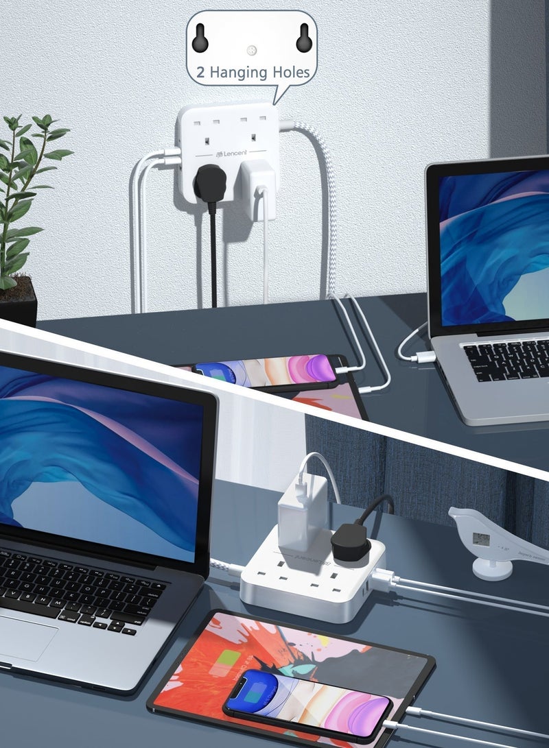 لينسينت وصلة تمديد LENCENT مع منفذ USB C ، 3250 واط 13 أمبير ، 4 منافذ توصيل الطاقة مع 1 USB-C و 3 فتحات USB ، تمديد قابس طاقة متعدد مع سلك تمديد مضفر 1.8 متر للمنزل والمكتب ، أبيض - Image 4