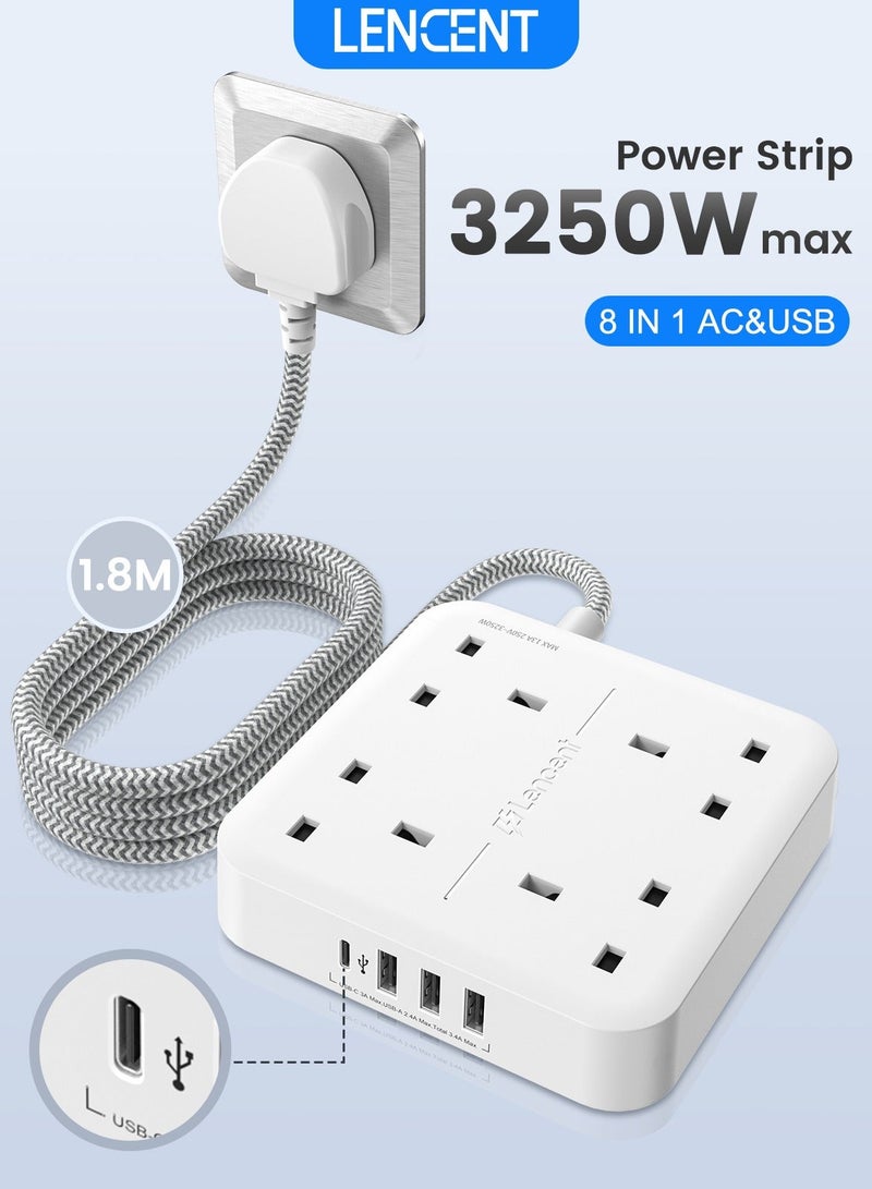 لينسينت وصلة تمديد LENCENT مع منفذ USB C ، 3250 واط 13 أمبير ، 4 منافذ توصيل الطاقة مع 1 USB-C و 3 فتحات USB ، تمديد قابس طاقة متعدد مع سلك تمديد مضفر 1.8 متر للمنزل والمكتب ، أبيض - Image 1