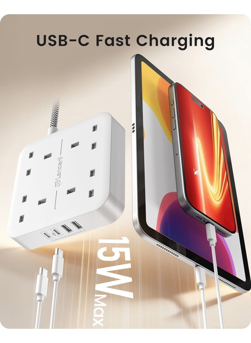 لينسينت وصلة تمديد LENCENT مع منفذ USB C ، 3250 واط 13 أمبير ، 4 منافذ توصيل الطاقة مع 1 USB-C و 3 فتحات USB ، تمديد قابس طاقة متعدد مع سلك تمديد مضفر 1.8 متر للمنزل والمكتب ، أبيض - Image 3