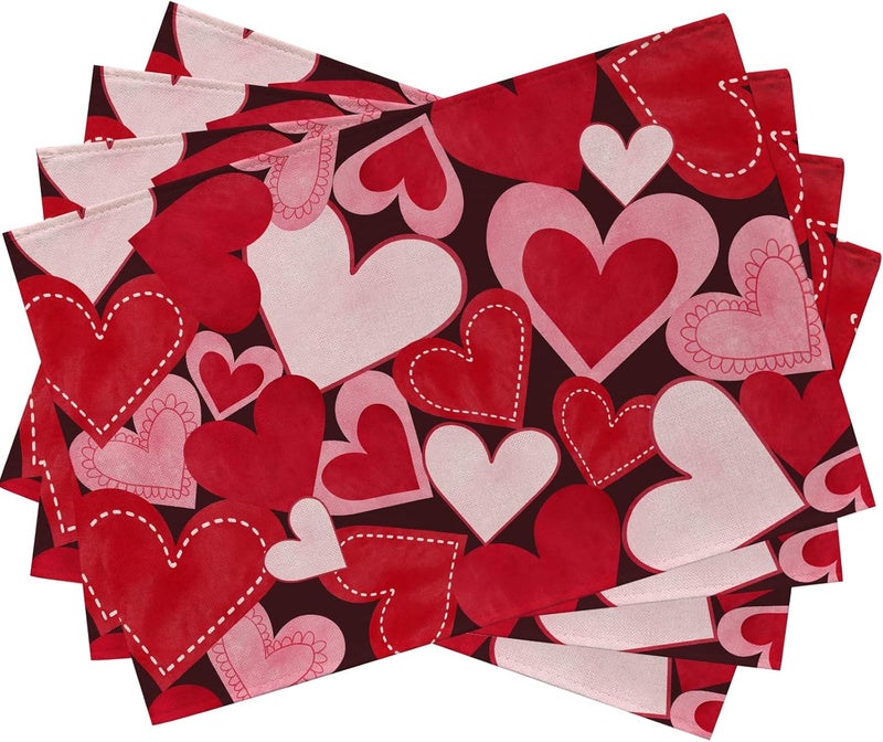 Seliem Red Pink Love Hearts Placemats Set of 4 Happy Valentines Day White Farmhouse Dining Table Place Mats Home Kitchen Decor Vintage Wedding Anniversary Holiday Decoration 12 x 18 Inch - Image 1