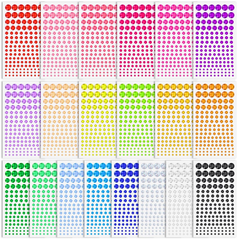2800 Pcs Self Adhesive face Rhinestones gems Stickers in 20 Colors 6 Sizes Stick on Jewels for Body Face Hair and Craft DIY Decorations3456810mm