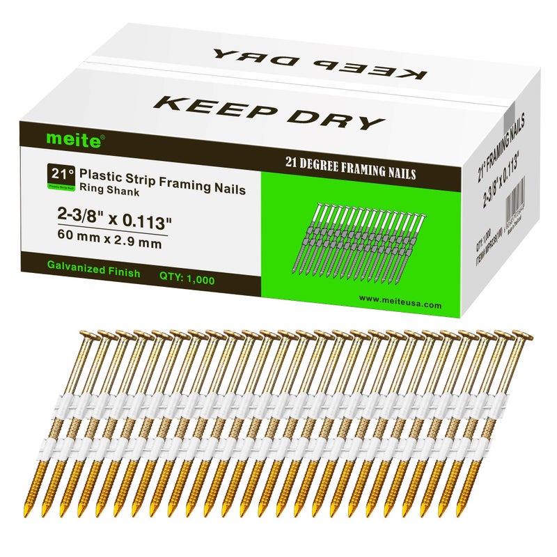 meite 21 Degree Framing Nails 2-3/8 Inch Galvanized Plastic Collated Nails, Full Round Head Smooth Shank Structural Nails for Framing Nailer Gun Roof Decking Sheathing 1,000PCS - Image 1
