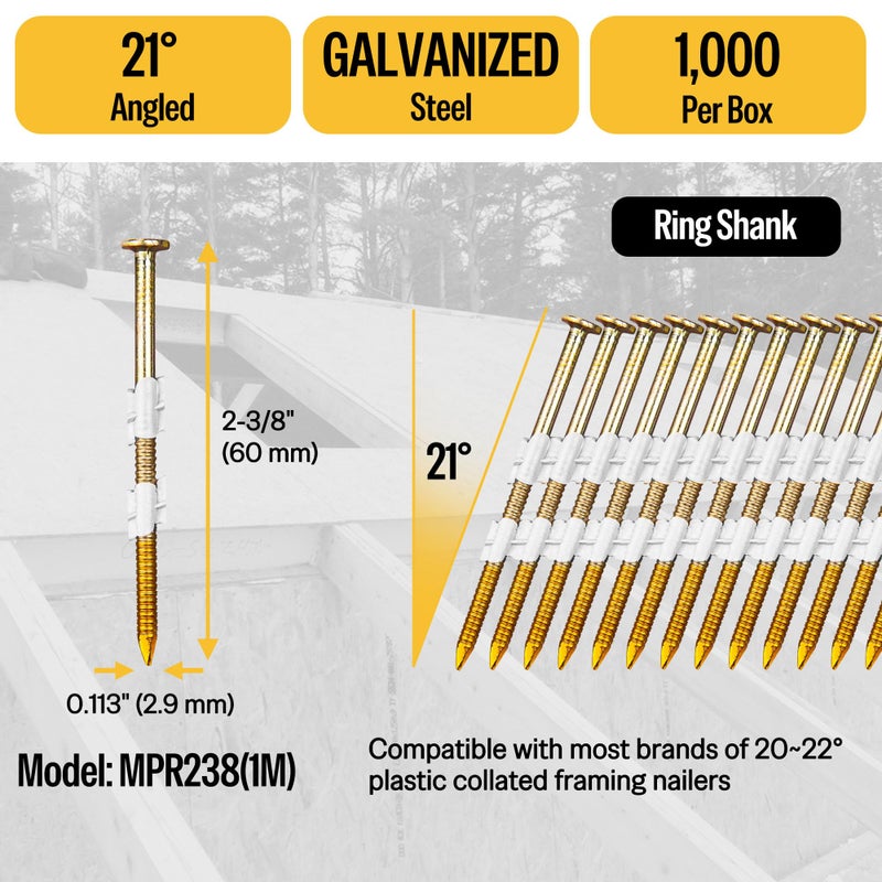 meite 21 Degree Framing Nails 2-3/8 Inch Galvanized Plastic Collated Nails, Full Round Head Smooth Shank Structural Nails for Framing Nailer Gun Roof Decking Sheathing 1,000PCS - Image 2