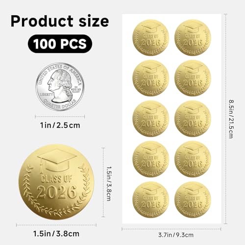 YYDESN 100 Pack Class of 2026 Graduation Stickers – Gold Foil Embossed Labels for Graduates – Metallic Foil Envelopes Seals for Invitations, Gift and Candy Bag & Party Favors (Class of 2026 Gold) - Image 2