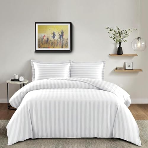 Filymore Super King Size Striped White Bedsheet for Double/King Bed Size XXL (108 x 108 inches) with Two King Size Pillow Covers, 300 TC Microfiber Solid Satin Striped Embossed, for King Size Bed. - Image 2