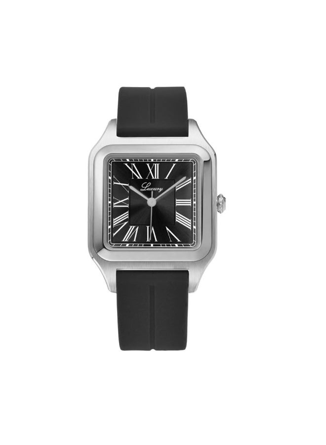 Men's rubber wristwatch - Cartier style, water-resistant, high quality, black strap with black dial
