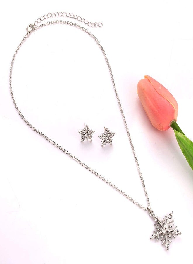 CEALXHENY Snowflake Pendant Necklace Stud Earrings Set Rhinestone Crystal Christmas Necklaces Holiday Earrings for Women Jewelry Set (Silver) - Image 2
