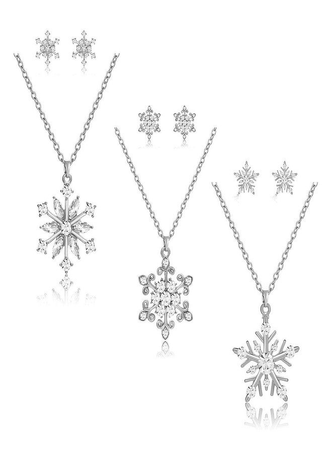 CEALXHENY Snowflake Pendant Necklace Stud Earrings Set Rhinestone Crystal Christmas Necklaces Holiday Earrings for Women Jewelry Set (Silver) - Image 1
