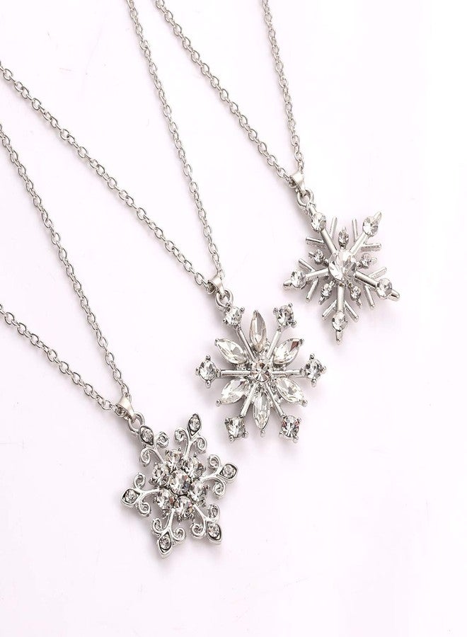 CEALXHENY Snowflake Pendant Necklace Stud Earrings Set Rhinestone Crystal Christmas Necklaces Holiday Earrings for Women Jewelry Set (Silver) - Image 3