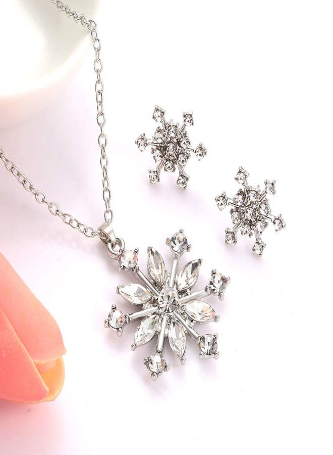 CEALXHENY Snowflake Pendant Necklace Stud Earrings Set Rhinestone Crystal Christmas Necklaces Holiday Earrings for Women Jewelry Set (Silver) - Image 4