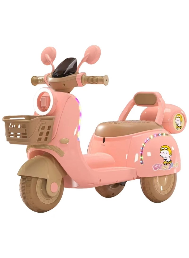 Toy Box Kids Motorcycle, 6V Battery Powered Electric Motorcycle with LED Headlights, Music, 3 Wheels Motorbike Toys, Electric Scooter for Kids - Pink