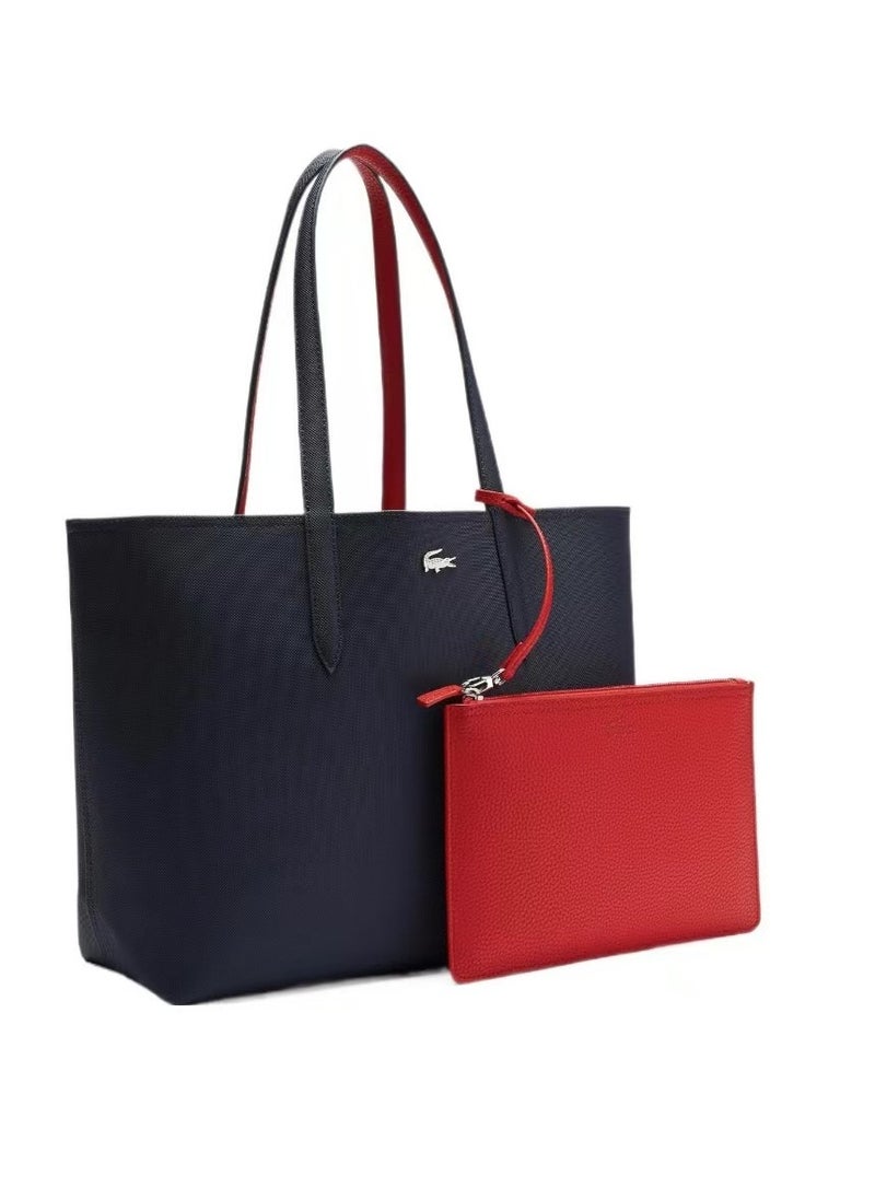 LACOSTE LACOSTE shiny nickel crocodile PVC tote bag shopping bag shoulder handbag female navy black/red  - Image 2