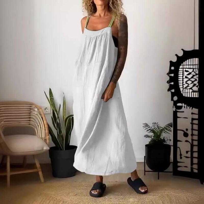 Independent Website -Selling 2024 Casual Cotton And Linen Suspender Dress Solid Color - Image 3