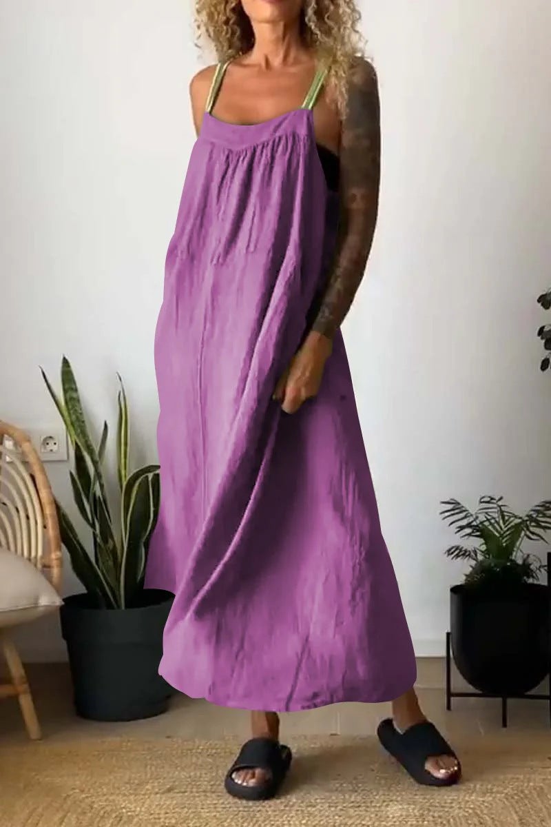 Independent Website -Selling 2024 Casual Cotton And Linen Suspender Dress Solid Color - Image 1
