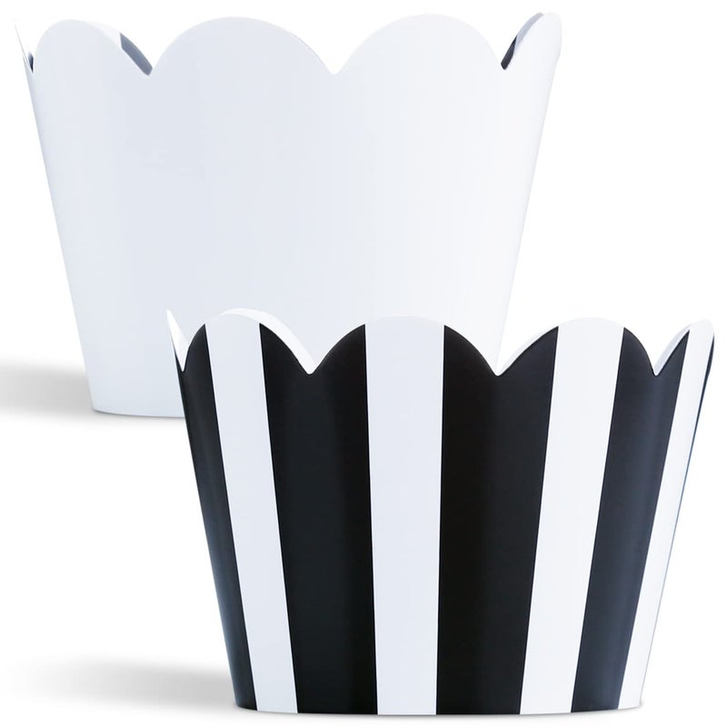 Pretty Cute Studios Black and White Striped Cupcake Wrappers 50 Count  Reversible White Design Scalloped Black and White Cupcake Wrappers for Parties and Events