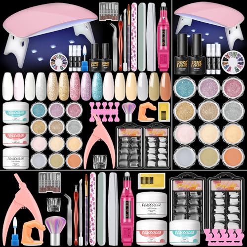 PEACECOLOR Acrylic Nail Kit for Beginners with Drill U V light, 3pc Acrylic Powder Clear/ Pink /White Set 12Pcs Glitter Powder 200Pcs Fake Tips Nail Starter Kit for Extensions DIY - Image 1