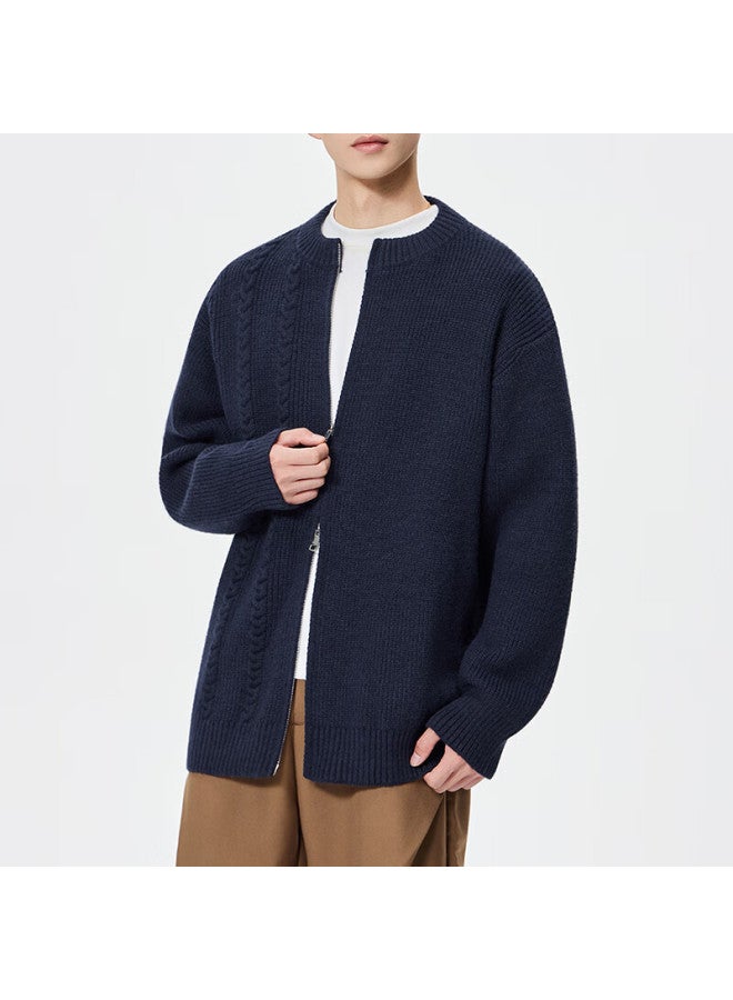 Dingfengbaoluo Men's Knitted Cardigan Sweater Spring Simple Hong Kong Style Zipper Casual Versatile Jacket Nd91 Navy Blue L - Image 2