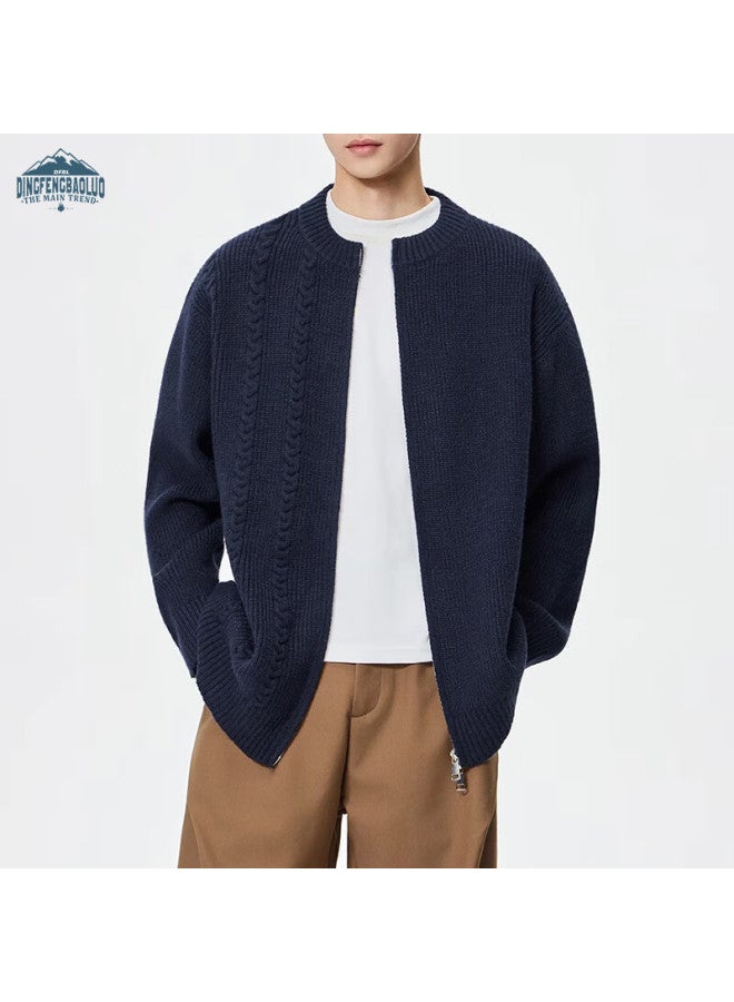 Dingfengbaoluo Men's Knitted Cardigan Sweater Spring Simple Hong Kong Style Zipper Casual Versatile Jacket Nd91 Navy Blue L - Image 1
