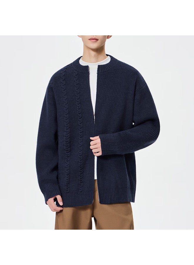 Dingfengbaoluo Men's Knitted Cardigan Sweater Spring Simple Hong Kong Style Zipper Casual Versatile Jacket Nd91 Navy Blue L - Image 5