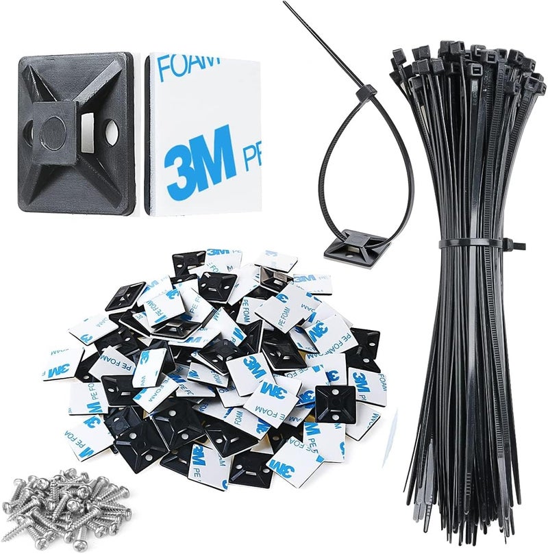 XHF 200pcs 3/4" Back-Glue Self Adhesive Black Strong Cable Zip Tie Mounts with 8" Ties, Screws, UV Protection Outdoor Sticky Wire Fasteners Cable Clips Management Anchors Organizer Holders Squares - Image 1