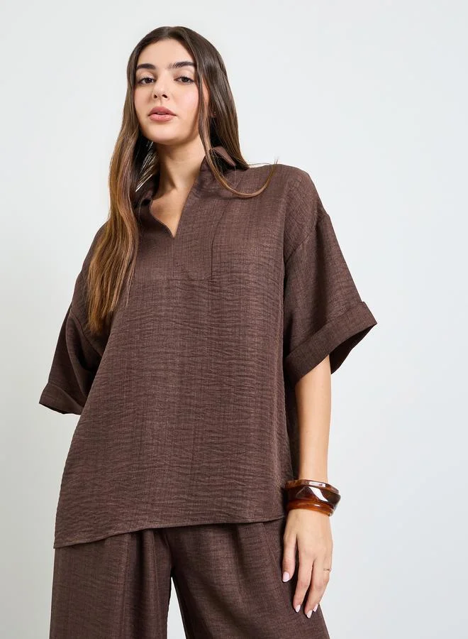 أميرة Brown Oversized Top and Wide Leg Pants Modest Set