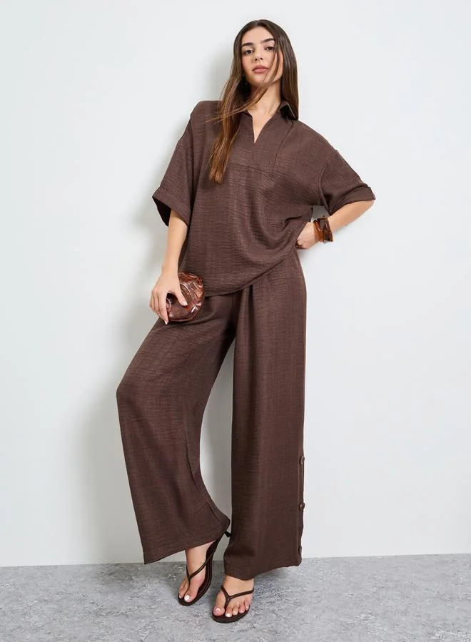أميرة Brown Oversized Top and Wide Leg Pants Modest Set