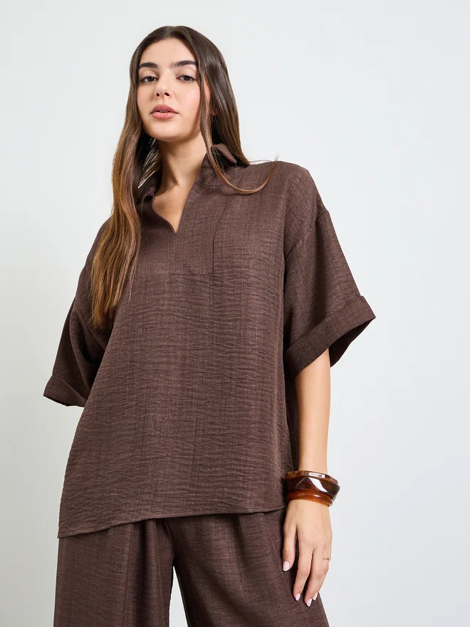Styli Styli Brown Oversized Top and Wide Leg Pants Modest Set