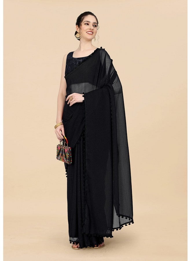 Sidhidata Women's Georgette Pom-Pom Lace Boardered Saree With Unstitched Blouse Piece (Zomato Black_Black_Free Size) - Image 4