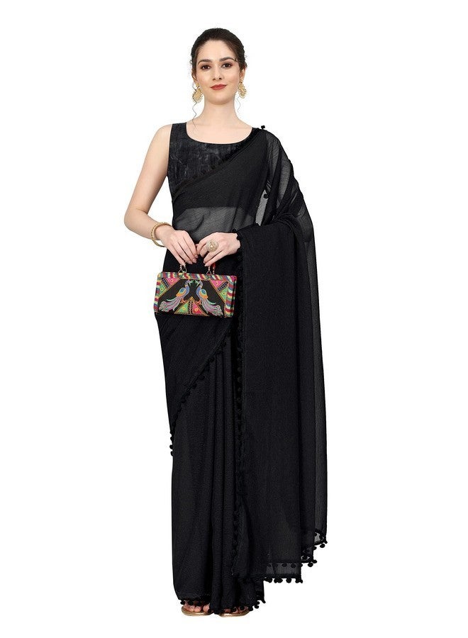 Sidhidata Women's Georgette Pom-Pom Lace Boardered Saree With Unstitched Blouse Piece (Zomato Black_Black_Free Size) - Image 1
