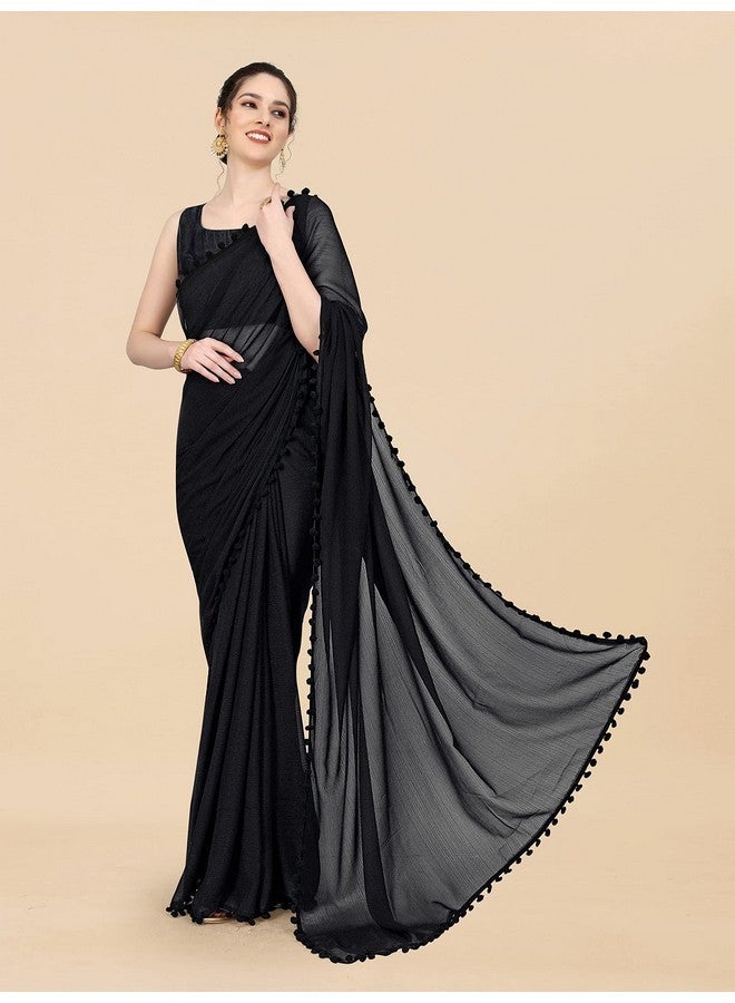 Sidhidata Women's Georgette Pom-Pom Lace Boardered Saree With Unstitched Blouse Piece (Zomato Black_Black_Free Size) - Image 3