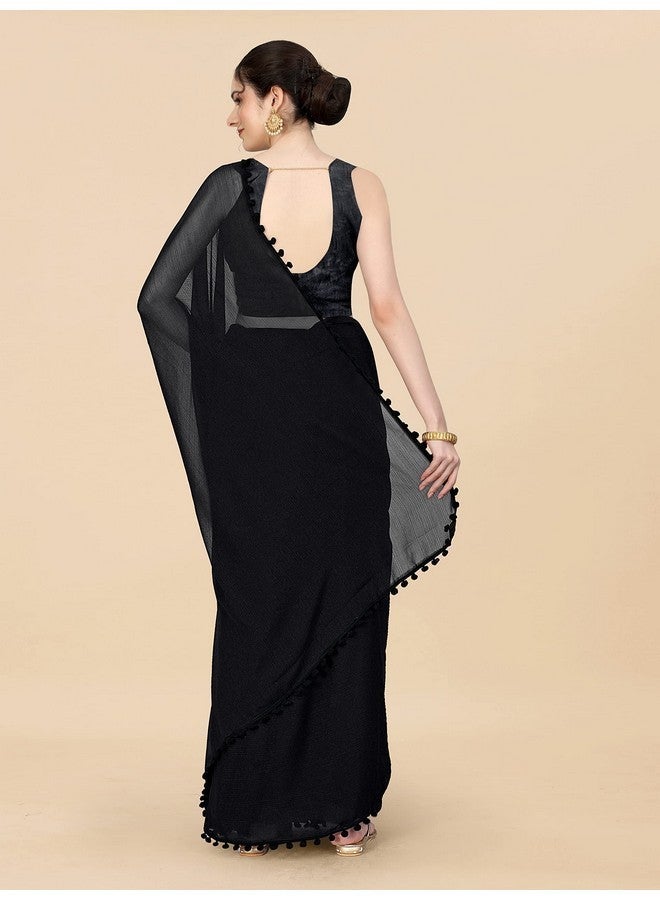 Sidhidata Women's Georgette Pom-Pom Lace Boardered Saree With Unstitched Blouse Piece (Zomato Black_Black_Free Size) - Image 5