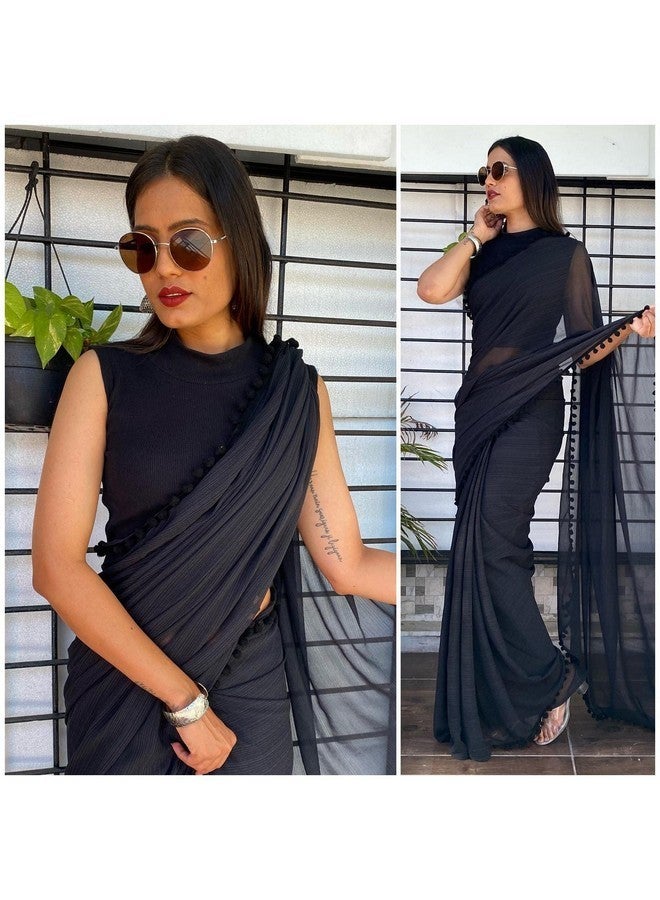 Sidhidata Women's Georgette Pom-Pom Lace Boardered Saree With Unstitched Blouse Piece (Zomato Black_Black_Free Size) - Image 2