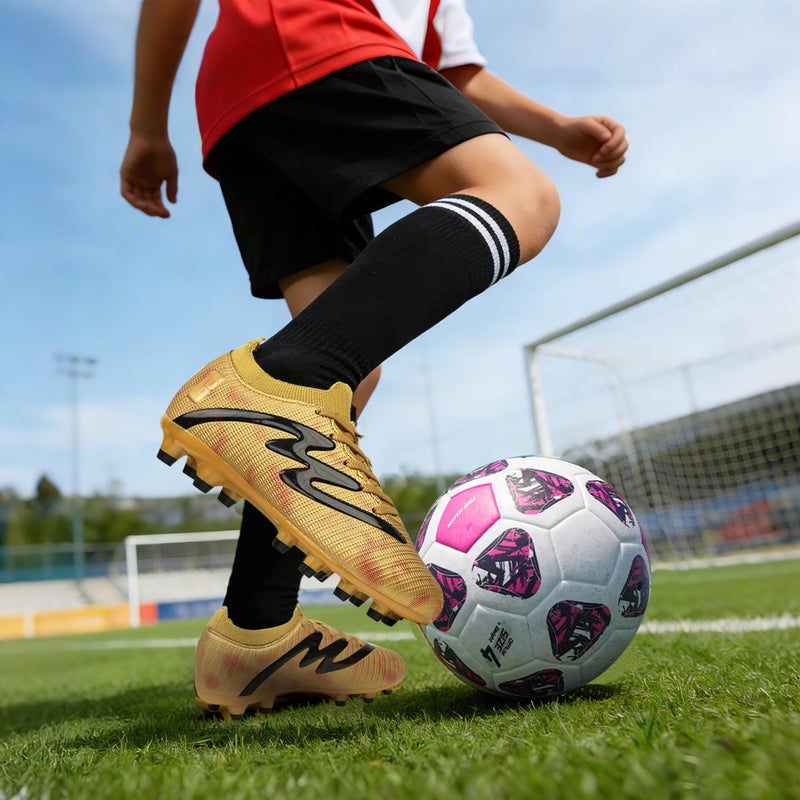brooman Kids Firm Ground Soccer Cleats Boys Girls Football Shoes with Shin Guards and Soccer Socks (3,Golden) - Image 2