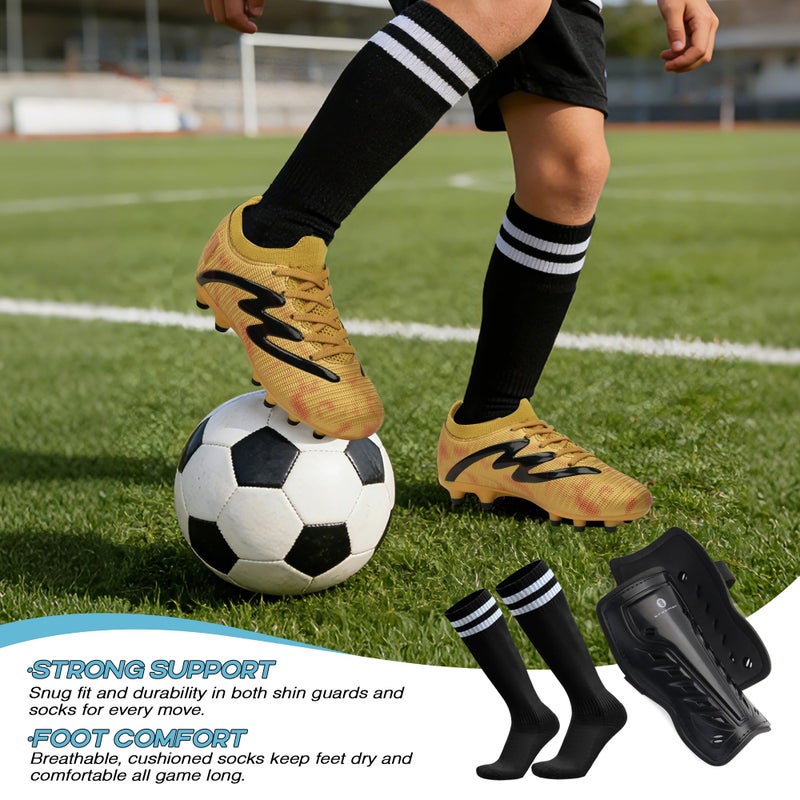 brooman Kids Firm Ground Soccer Cleats Boys Girls Football Shoes with Shin Guards and Soccer Socks (3,Golden) - Image 5