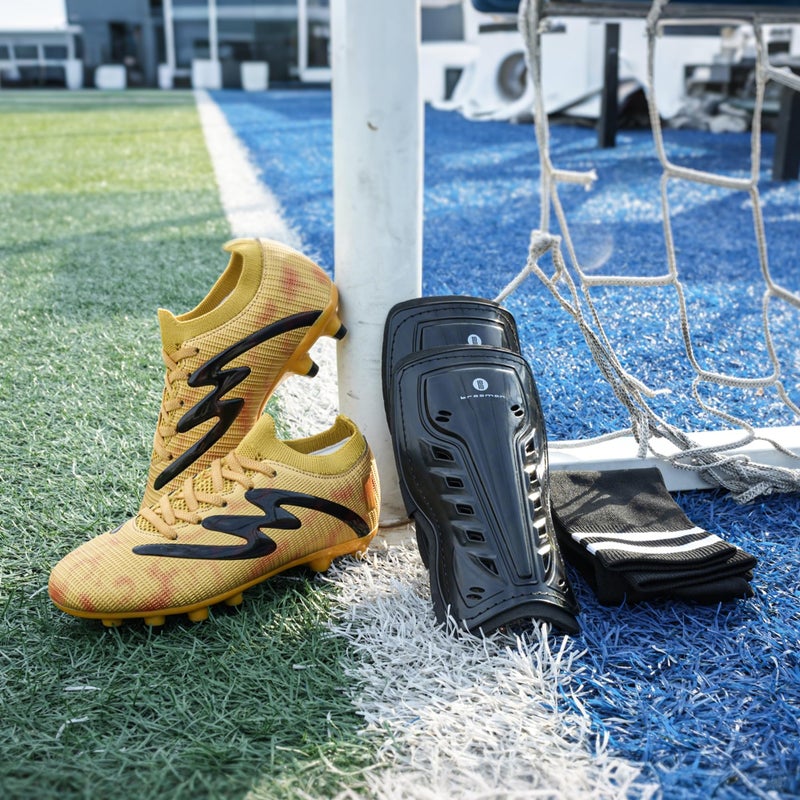 brooman Kids Firm Ground Soccer Cleats Boys Girls Football Shoes with Shin Guards and Soccer Socks (3,Golden) - Image 3