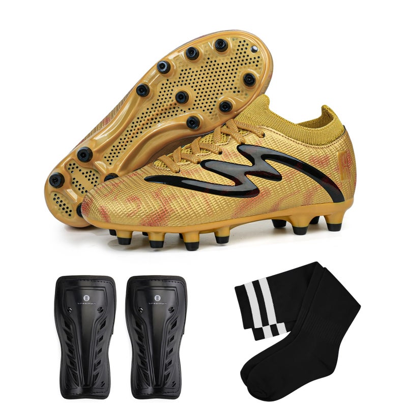 brooman Kids Firm Ground Soccer Cleats Boys Girls Football Shoes with Shin Guards and Soccer Socks (3,Golden) - Image 1