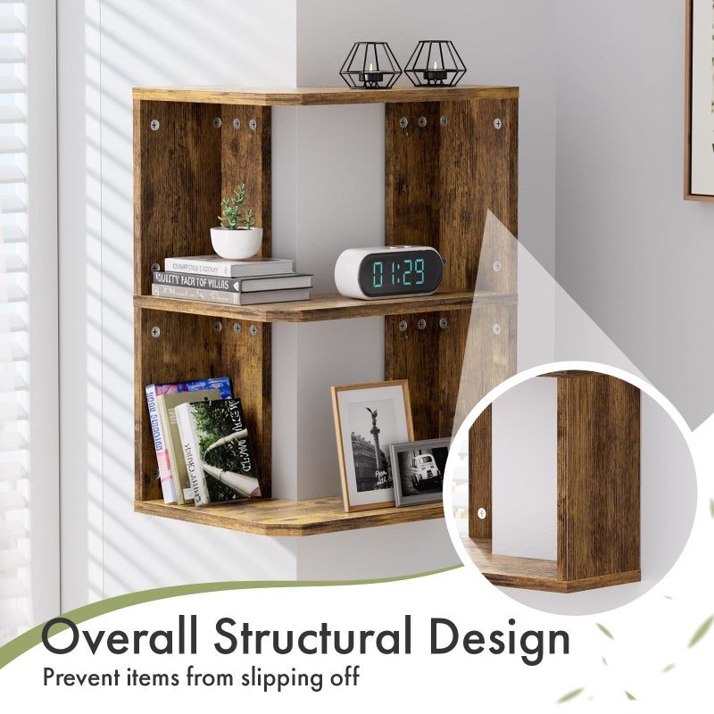 Atoping Floating Corner Shelf, 3-Tier Floating Shelf for Wall, Floating Book Shelf for Living Room, Bedroom, Bathroom, Home Office, Rustic Brown - Image 3