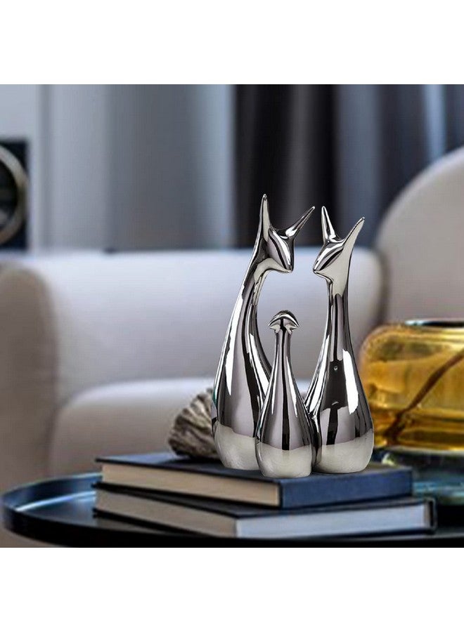 Xtore® Home Decor Lucky Silver Deer Statue Family Piano Finish Ceramic Figures - (Set of 3, Silver Set) - Image 5