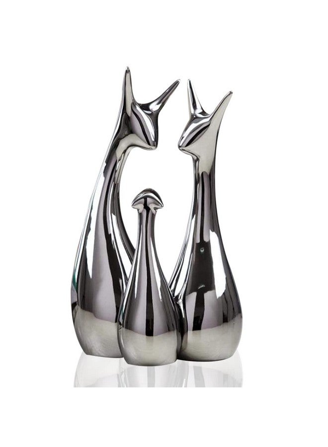 Xtore® Home Decor Lucky Silver Deer Statue Family Piano Finish Ceramic Figures - (Set of 3, Silver Set) - Image 1