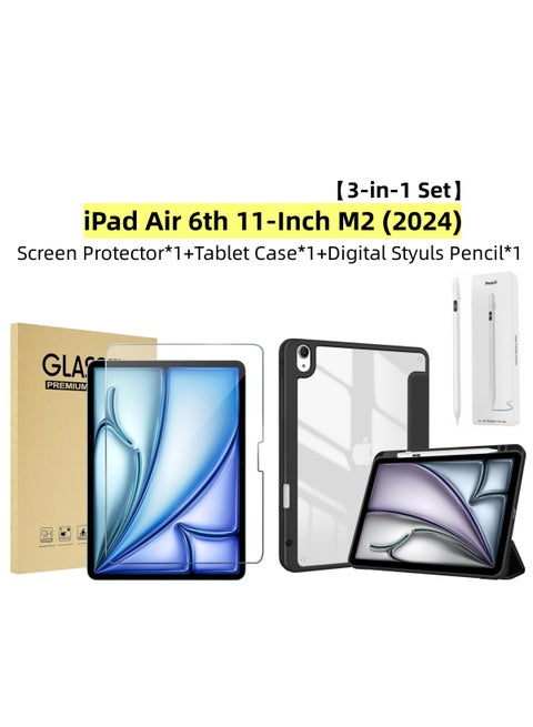 【1+1+1 Sets】for iPad Air 6th 11-Inch M2 (2024) Tablet Case and Digital Stylus Pencil and Screen Protector,Smart Protective Cover with Pencil Holder,Magnetic Digital Display, Continuous Touch Handwriting Pen,1 Pack Tempered Glass Film Guard for iPad Air 6