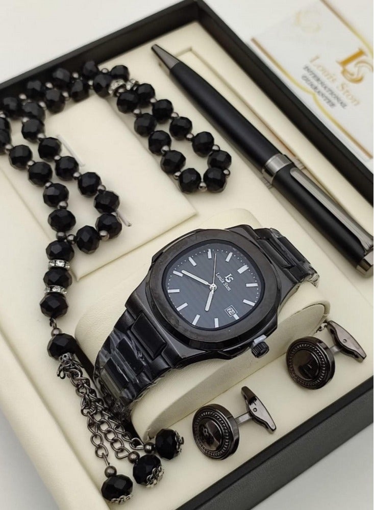 Louis Ston A high-quality men's watch gift set from Louis Ston, black bracelet and black dial with date display 