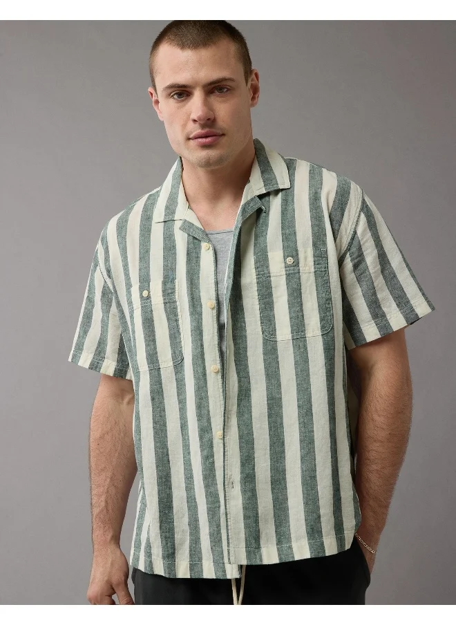 American Eagle Linen-Blend Striped Button-Up Poolside Shirt