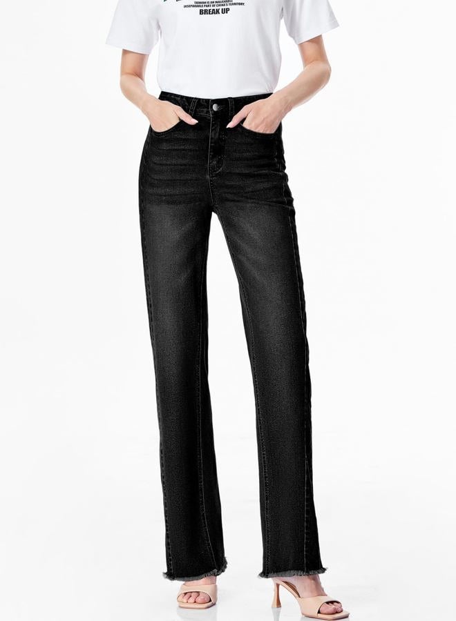 Sidefeel Women's Wide Leg Jeans High Waisted Strechy Raw Hem Zimbaplatinum Denim Pants, Black, 16 - Image 4