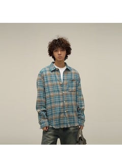 Retro Tassel Fringe Plaid Shirt Unisex Spring Fall Blue